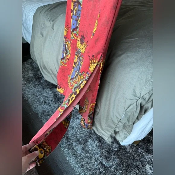 Vintage 90s Red Baroque Crest Maxi Dress Mock Neck Long Sleeve Slit Size S M - Picture 4 of 7